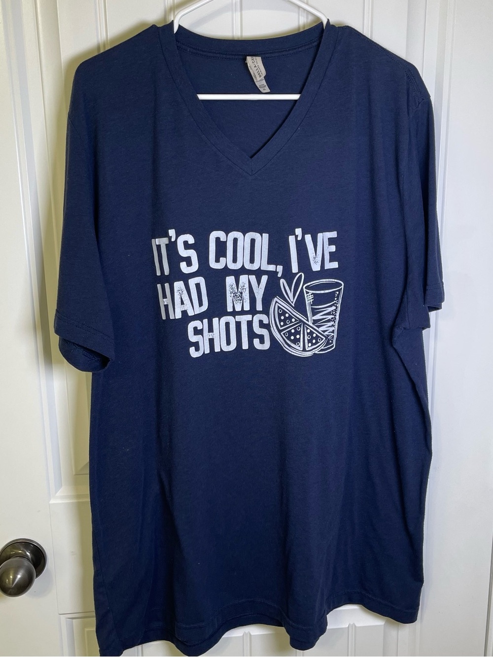 Bella Canvas Women’s 2XL Navy V-Neck Tee w/ White “It’s Cool I’ve Had My Shots”